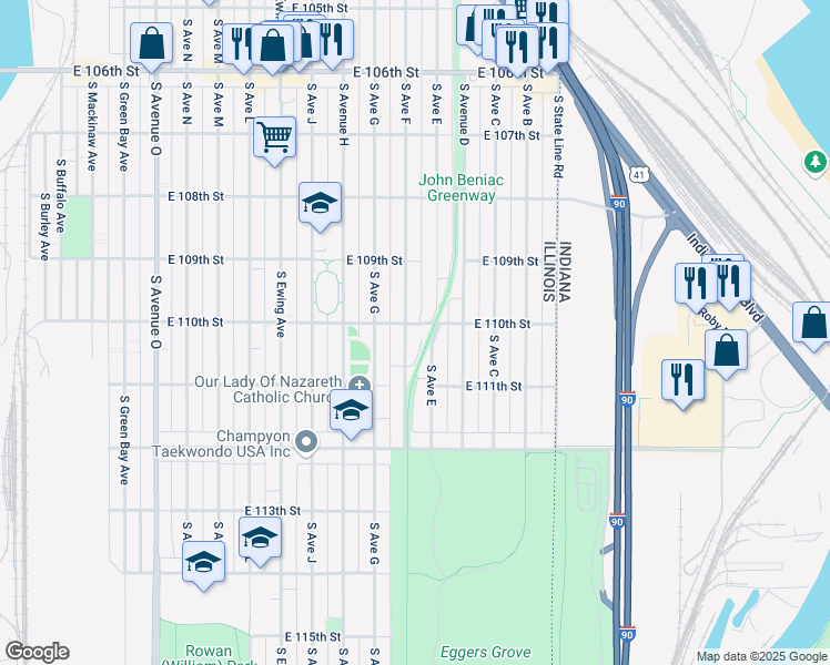 map of restaurants, bars, coffee shops, grocery stores, and more near 10956 South Avenue East in Chicago