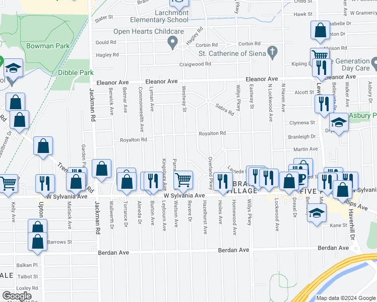 map of restaurants, bars, coffee shops, grocery stores, and more near 4152 Westway Street in Toledo