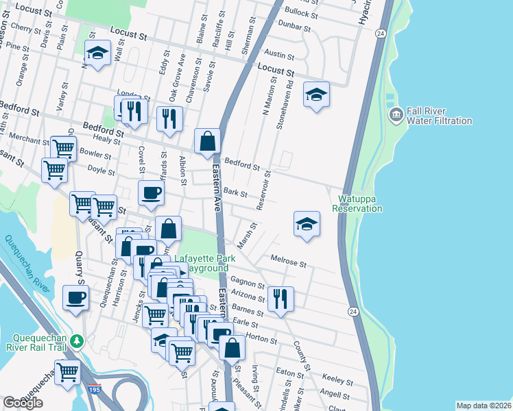 map of restaurants, bars, coffee shops, grocery stores, and more near 103 Reservoir Street in Fall River