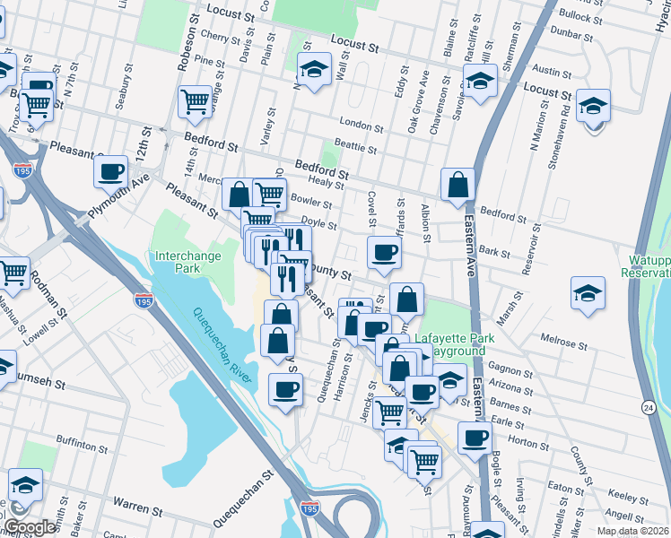 map of restaurants, bars, coffee shops, grocery stores, and more near 142 County Street in Fall River
