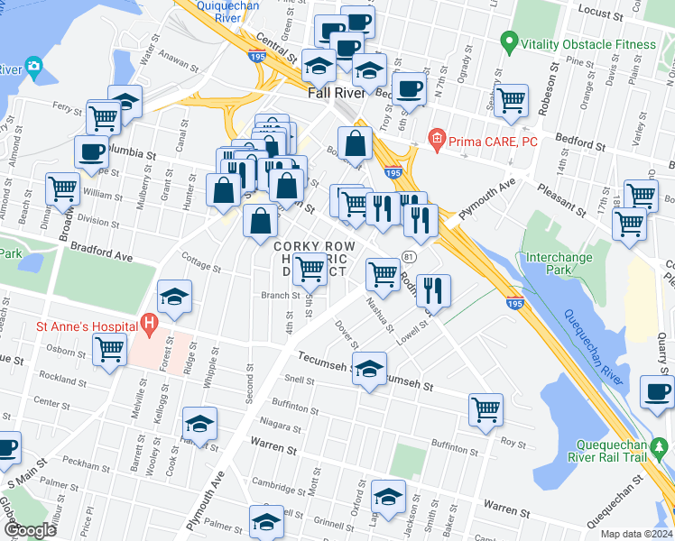 map of restaurants, bars, coffee shops, grocery stores, and more near 270 Morgan Street in Fall River