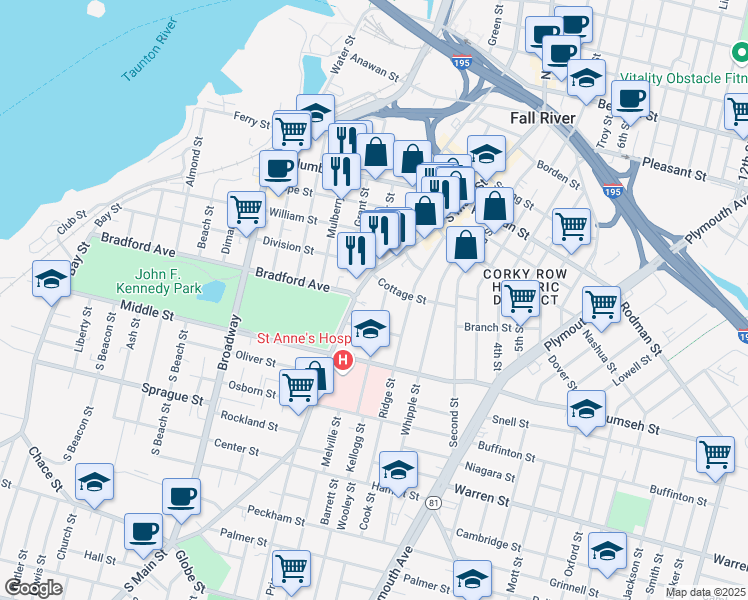 map of restaurants, bars, coffee shops, grocery stores, and more near 640 South Main Street in Fall River