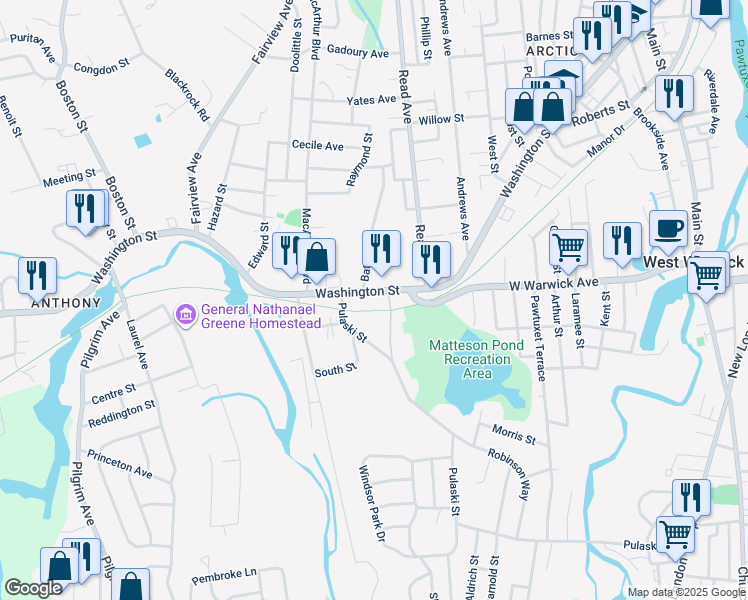 map of restaurants, bars, coffee shops, grocery stores, and more near 441 Washington Street in Coventry