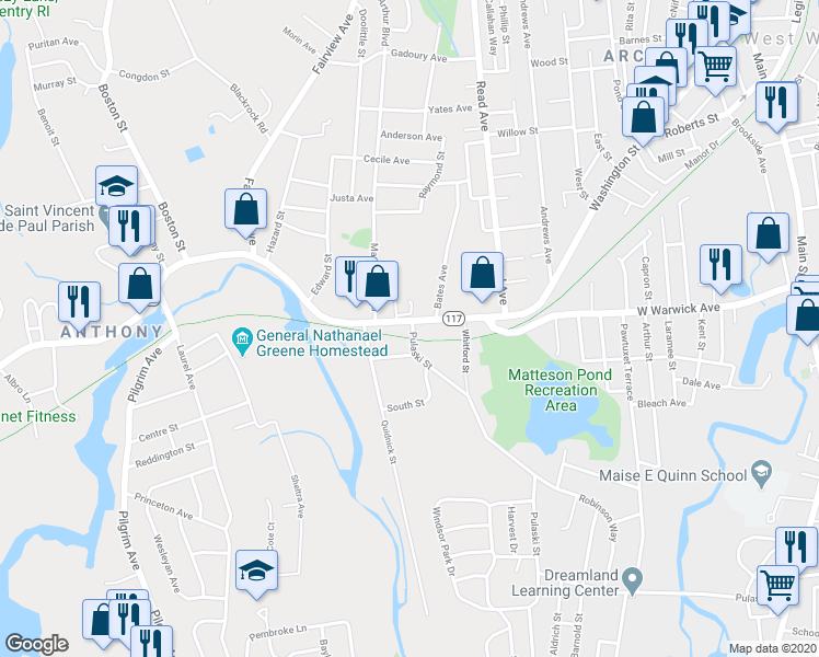 map of restaurants, bars, coffee shops, grocery stores, and more near 471 Washington Street in Coventry