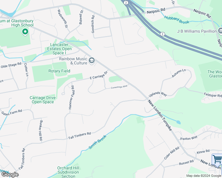map of restaurants, bars, coffee shops, grocery stores, and more near 51 Conestoga Way in Glastonbury