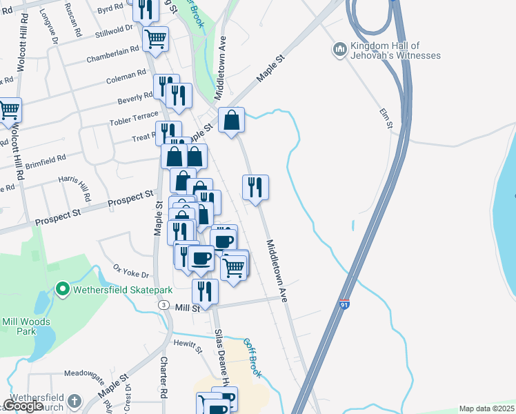 map of restaurants, bars, coffee shops, grocery stores, and more near 248 Middletown Avenue in Wethersfield