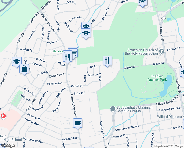 map of restaurants, bars, coffee shops, grocery stores, and more near 71 Symco Drive in New Britain