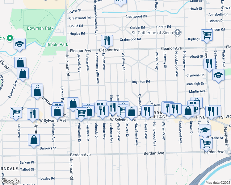 map of restaurants, bars, coffee shops, grocery stores, and more near 4211 Parrakeet Avenue in Toledo