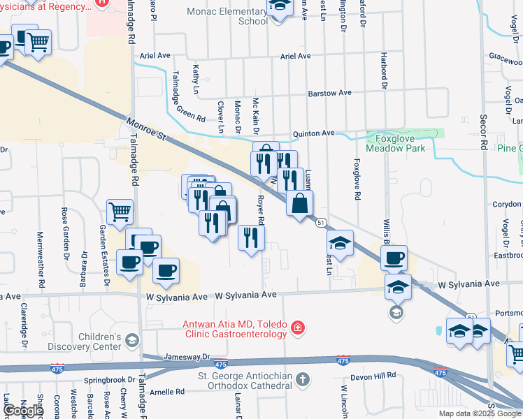 map of restaurants, bars, coffee shops, grocery stores, and more near 4224-4420 Royer Rd in Toledo