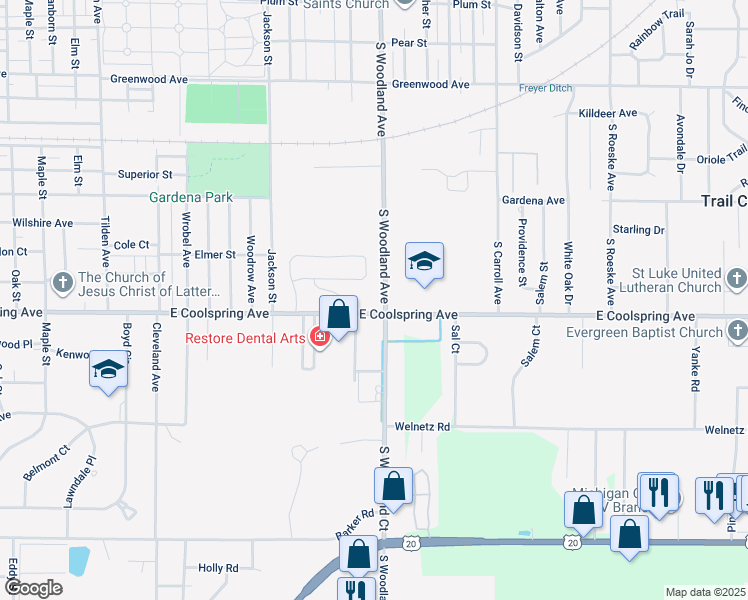 map of restaurants, bars, coffee shops, grocery stores, and more near 1400 East Coolspring Avenue in Michigan City