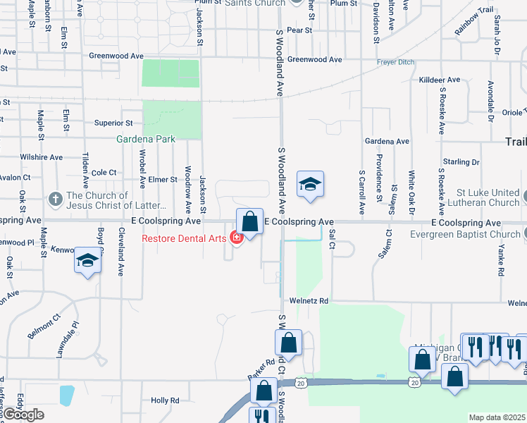 map of restaurants, bars, coffee shops, grocery stores, and more near 1400 East Coolspring Avenue in Michigan City