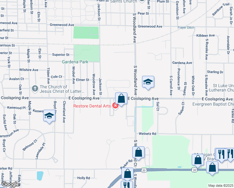 map of restaurants, bars, coffee shops, grocery stores, and more near 1300 East Coolspring Avenue in Michigan City