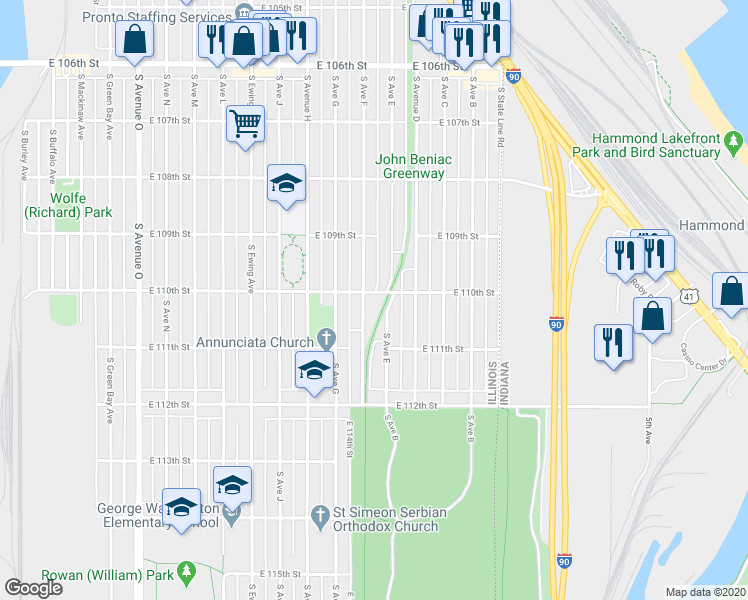 map of restaurants, bars, coffee shops, grocery stores, and more near 10956 South Avenue East in Chicago