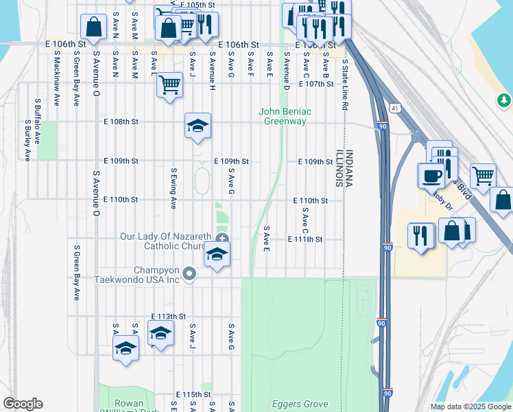 map of restaurants, bars, coffee shops, grocery stores, and more near 10956 South Avenue East in Chicago
