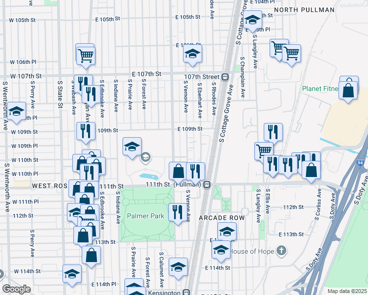map of restaurants, bars, coffee shops, grocery stores, and more near 10931 South Vernon Avenue in Chicago