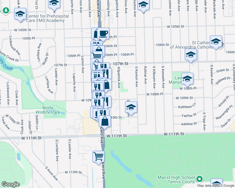 map of restaurants, bars, coffee shops, grocery stores, and more near 10830 Kilpatrick Avenue in Oak Lawn