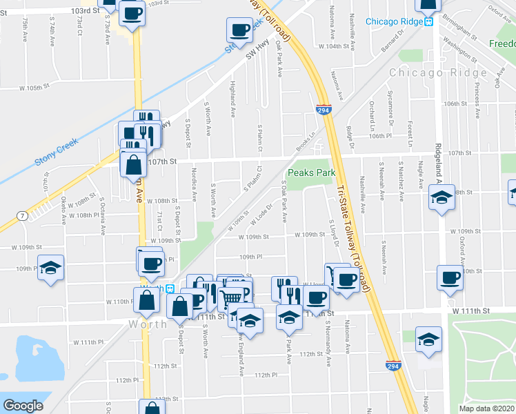 map of restaurants, bars, coffee shops, grocery stores, and more near 6826 West Lode Drive in Worth