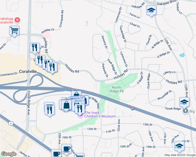 map of restaurants, bars, coffee shops, grocery stores, and more near 2275 Holiday Road in Coralville