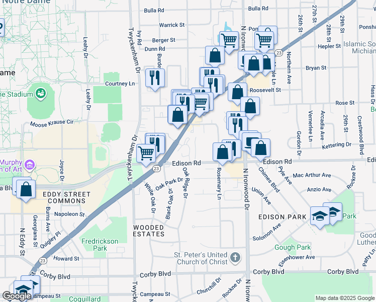 map of restaurants, bars, coffee shops, grocery stores, and more near 1411 North Oakhill Drive in South Bend