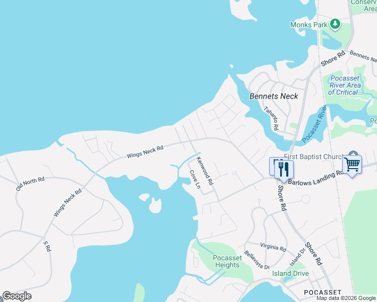 map of restaurants, bars, coffee shops, grocery stores, and more near 28 Harbor View Road in Bourne