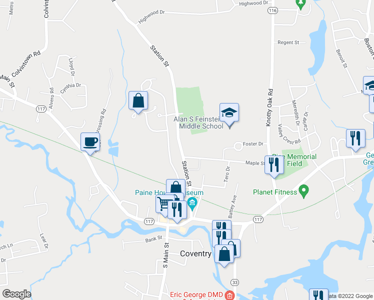 map of restaurants, bars, coffee shops, grocery stores, and more near 129 1/2 Station Street in Coventry