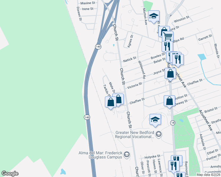 map of restaurants, bars, coffee shops, grocery stores, and more near 73 Mate Drive in New Bedford