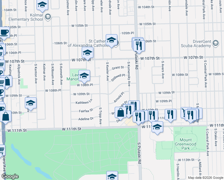 map of restaurants, bars, coffee shops, grocery stores, and more near 10833 South Keeler Avenue in Oak Lawn