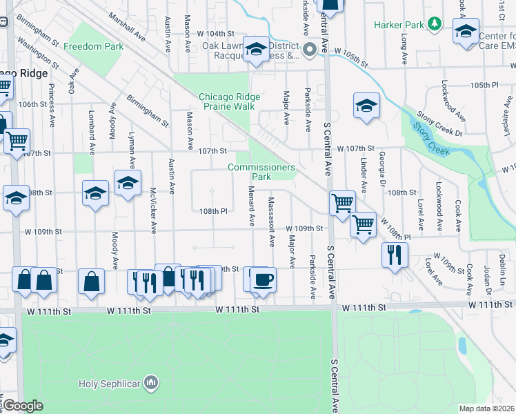 map of restaurants, bars, coffee shops, grocery stores, and more near 10806 Massasoit Avenue in Chicago Ridge