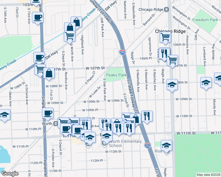 map of restaurants, bars, coffee shops, grocery stores, and more near 10733 Rutherford Avenue in Worth