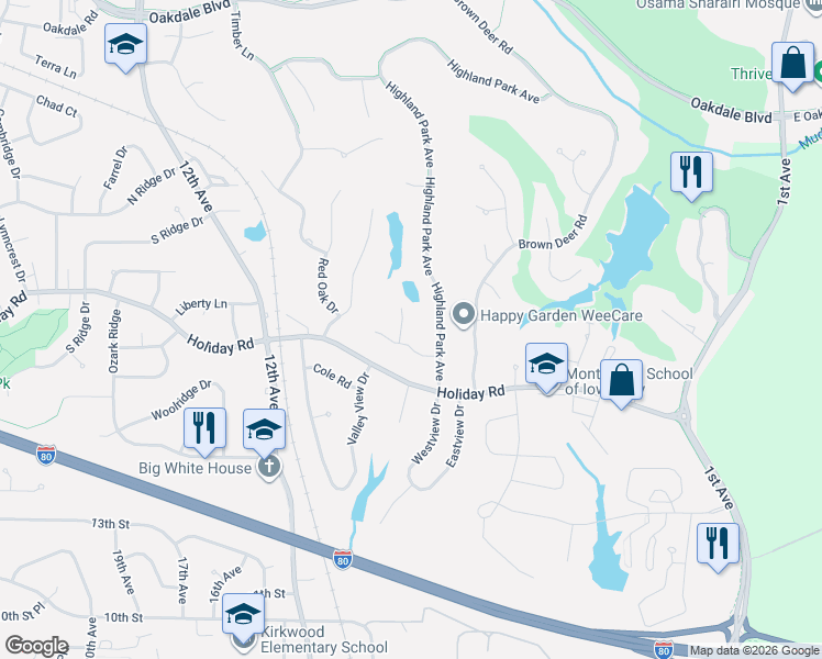 map of restaurants, bars, coffee shops, grocery stores, and more near 1611 Pine Ridge Court in Coralville