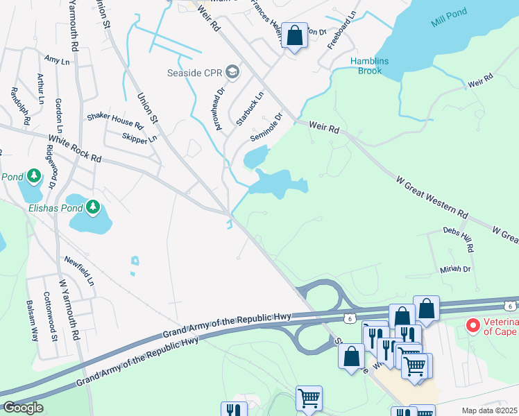 map of restaurants, bars, coffee shops, grocery stores, and more near 27 Wadsworth Lane in Yarmouth