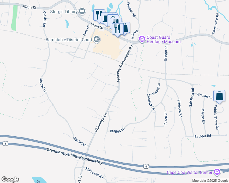 map of restaurants, bars, coffee shops, grocery stores, and more near 1579 Hyannis-Barnstable Road in Barnstable
