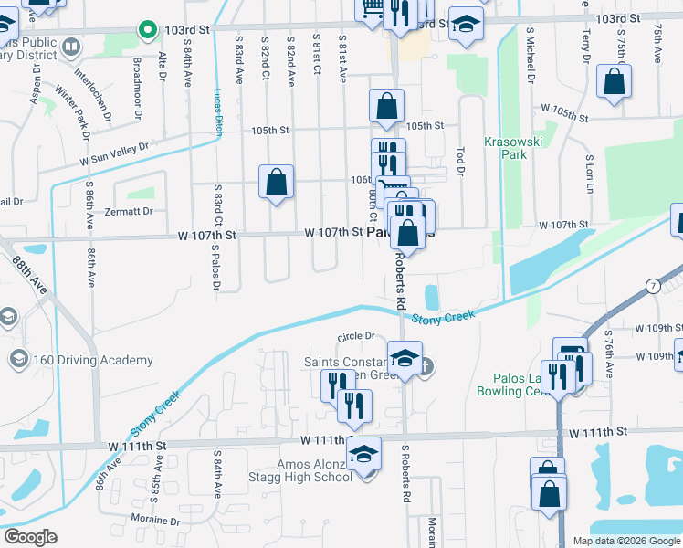 map of restaurants, bars, coffee shops, grocery stores, and more near 10736 East Doric Circle in Palos Hills