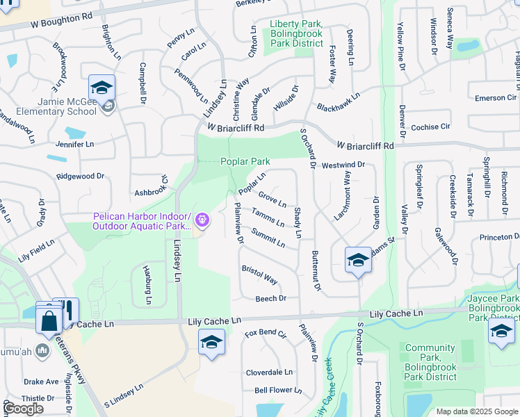 map of restaurants, bars, coffee shops, grocery stores, and more near 848 Tamms Lane in Bolingbrook