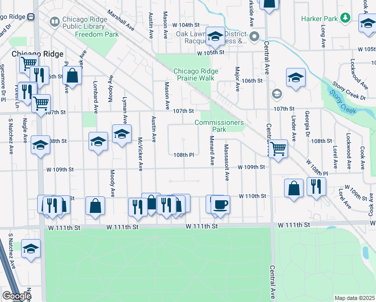 map of restaurants, bars, coffee shops, grocery stores, and more near 10823 Mayfield Avenue in Chicago Ridge