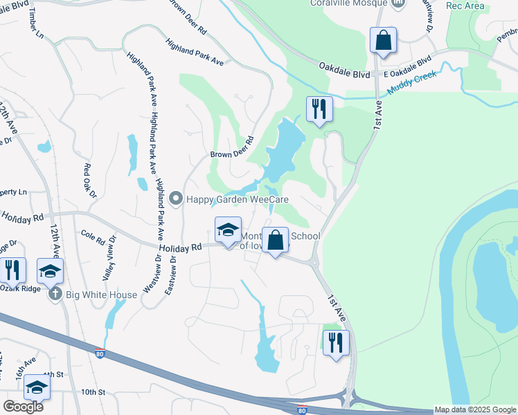 map of restaurants, bars, coffee shops, grocery stores, and more near 1513 Olde Hickory Road in Coralville