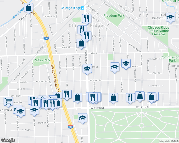 map of restaurants, bars, coffee shops, grocery stores, and more near 10811 Ridgeland Avenue in Chicago Ridge