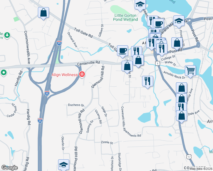 map of restaurants, bars, coffee shops, grocery stores, and more near 5 Zircon Street in Warwick