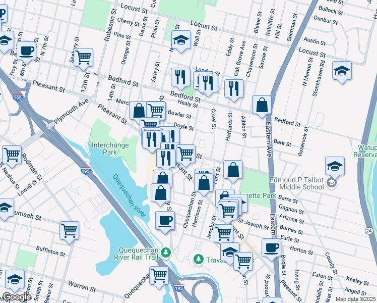map of restaurants, bars, coffee shops, grocery stores, and more near 142 County Street in Fall River