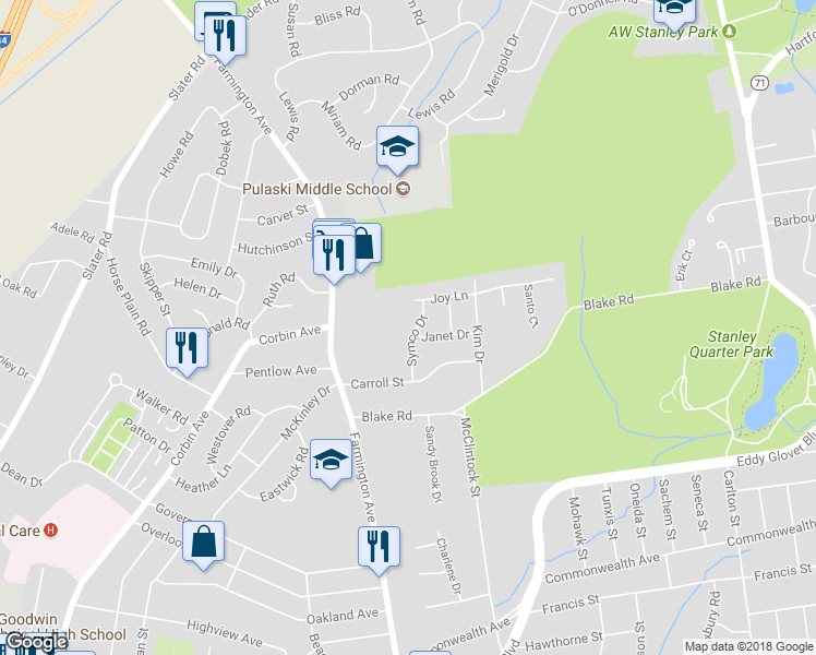 map of restaurants, bars, coffee shops, grocery stores, and more near 58 Symco Drive in New Britain