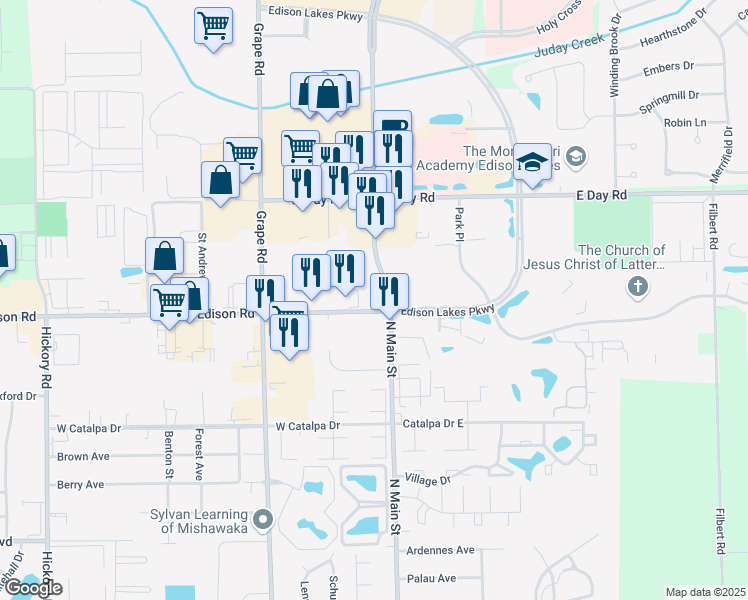 map of restaurants, bars, coffee shops, grocery stores, and more near 3865 N Main St in Mishawaka