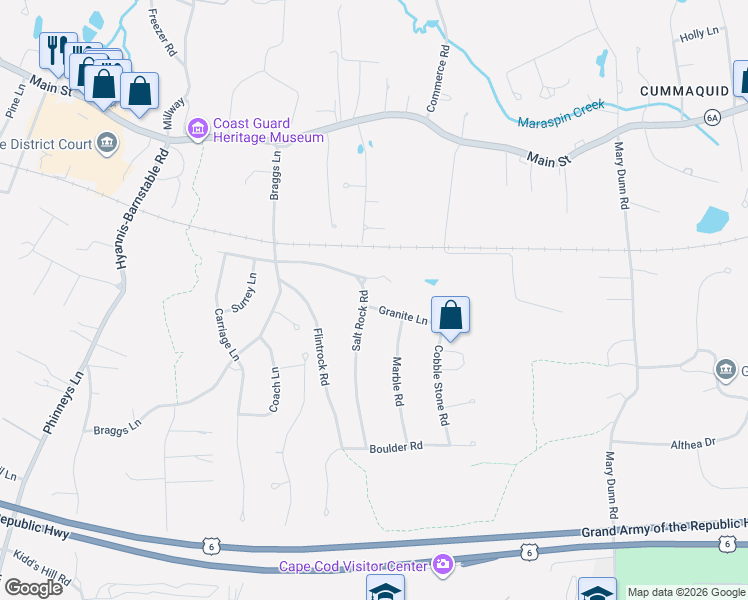 map of restaurants, bars, coffee shops, grocery stores, and more near 110 Salt Rock Road in Barnstable
