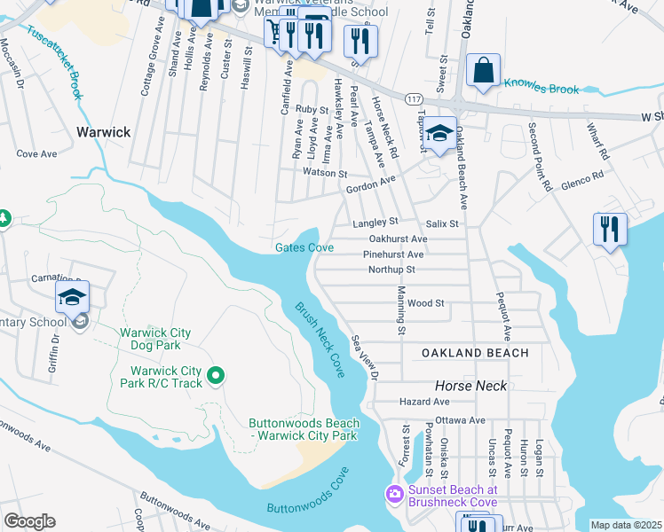 map of restaurants, bars, coffee shops, grocery stores, and more near 183 Northup Street in Warwick