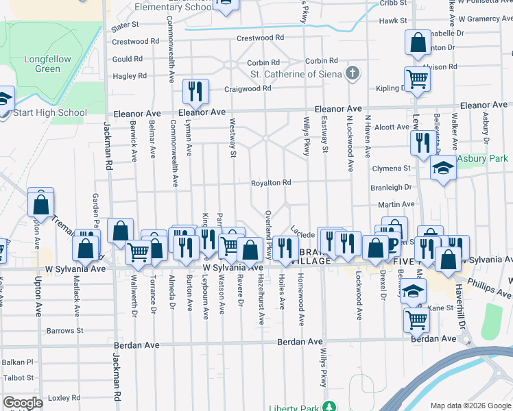 map of restaurants, bars, coffee shops, grocery stores, and more near 4209 Overland Parkway in Toledo