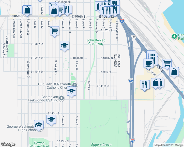map of restaurants, bars, coffee shops, grocery stores, and more near 10956 South Avenue East in Chicago