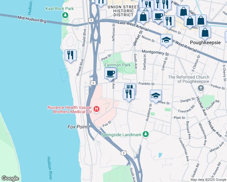 map of restaurants, bars, coffee shops, grocery stores, and more near Lincoln Avenue & Dean Place in Poughkeepsie