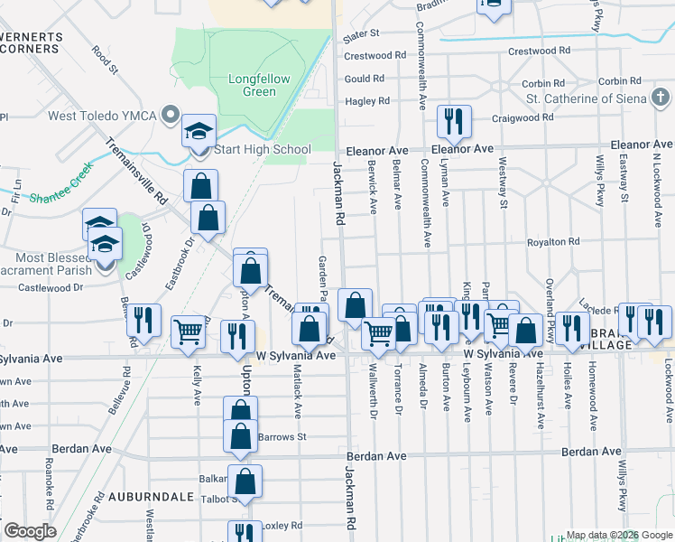 map of restaurants, bars, coffee shops, grocery stores, and more near 1666 Burgoyne Drive in Toledo