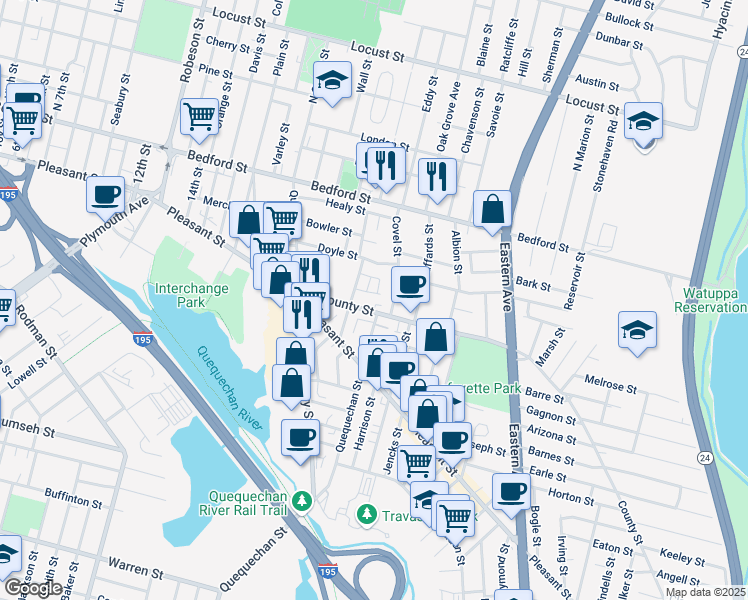 map of restaurants, bars, coffee shops, grocery stores, and more near 200 County Street in Fall River
