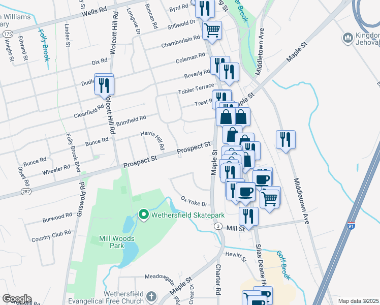 map of restaurants, bars, coffee shops, grocery stores, and more near 48 Prospect Street in Wethersfield