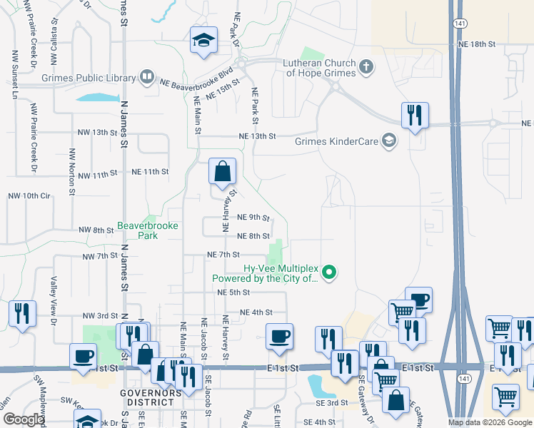 map of restaurants, bars, coffee shops, grocery stores, and more near 721 Northeast 9th Street in Grimes